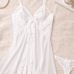 CAMISÓN- Lencería de Encaje y Tul Transparente con Volado + Colaless – Conjunto Sensual Femenino