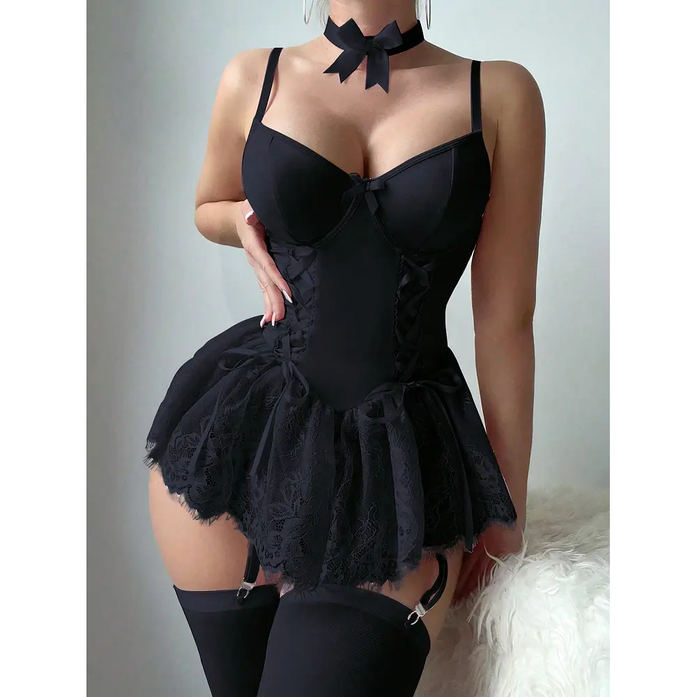 Disfraz de Bailarina Mujer con Corset y Falda de Encaje – Rosa o Negro 