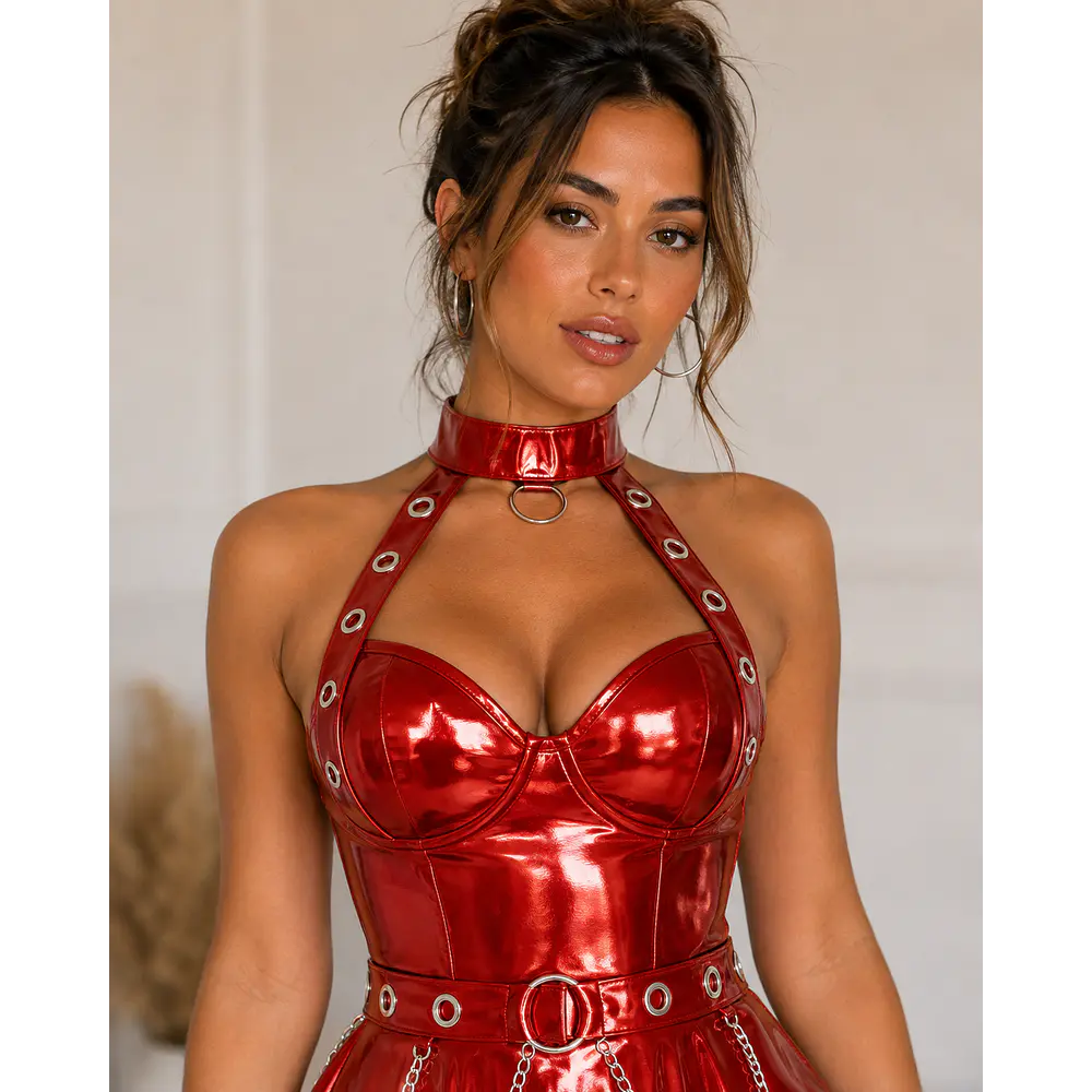 Disfraz Red Devil Metalizado con Arnés, Cadenas y Falda