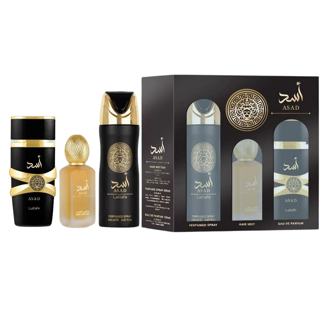 Estuche Lattafa Asad Edp 100ML+200ML Perfume Spray + 50ML Hair Mist Hombre 1