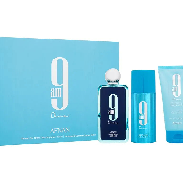 Estuche Afnan 9 am Dive EDP 100ml + Deo 150ml + Shower Gel 150ml Hombre 1