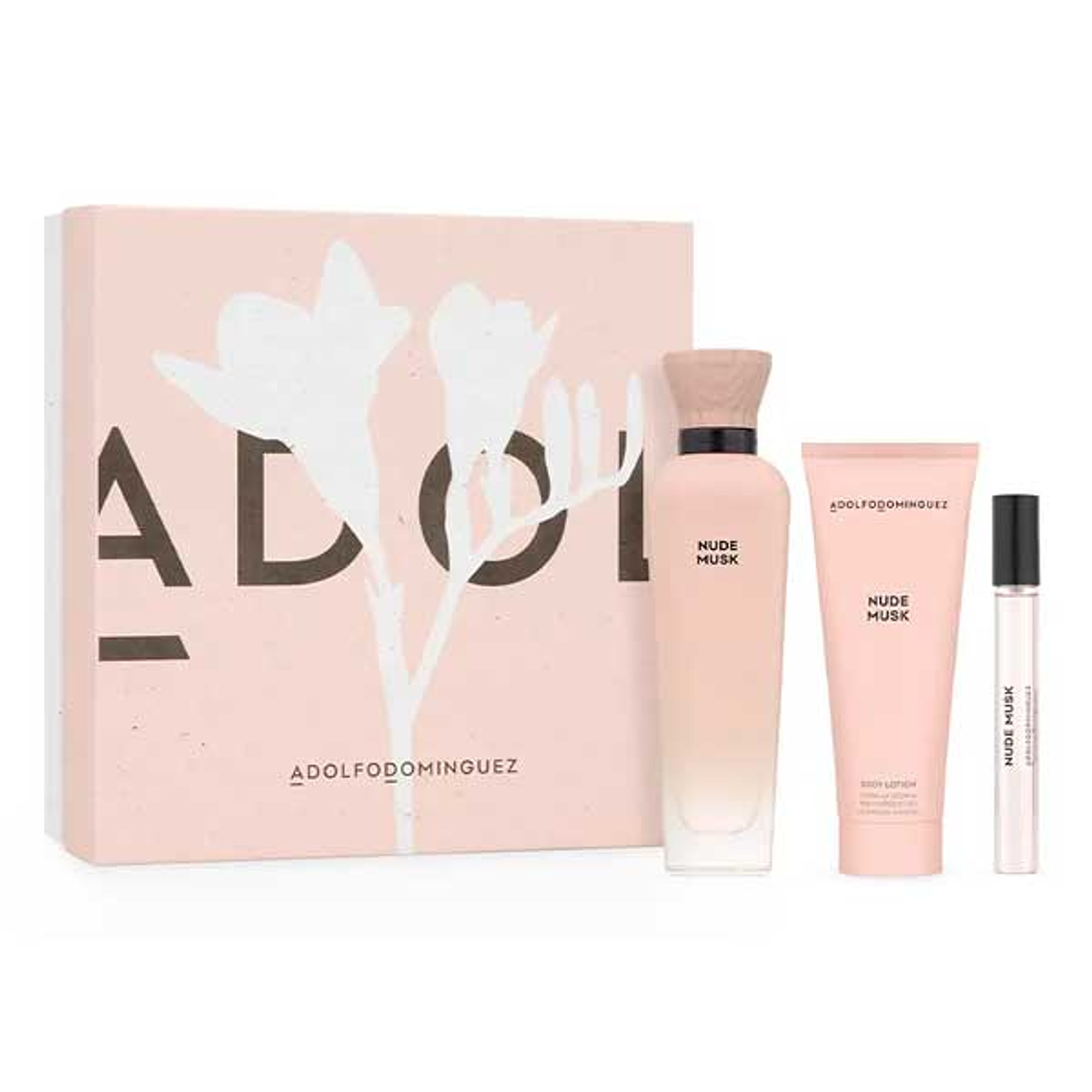 Estuche Adolfo Dominguez Nude Musk Edp 120ml + 10ml + BL 75ml Mujer (con flor blanca) 1