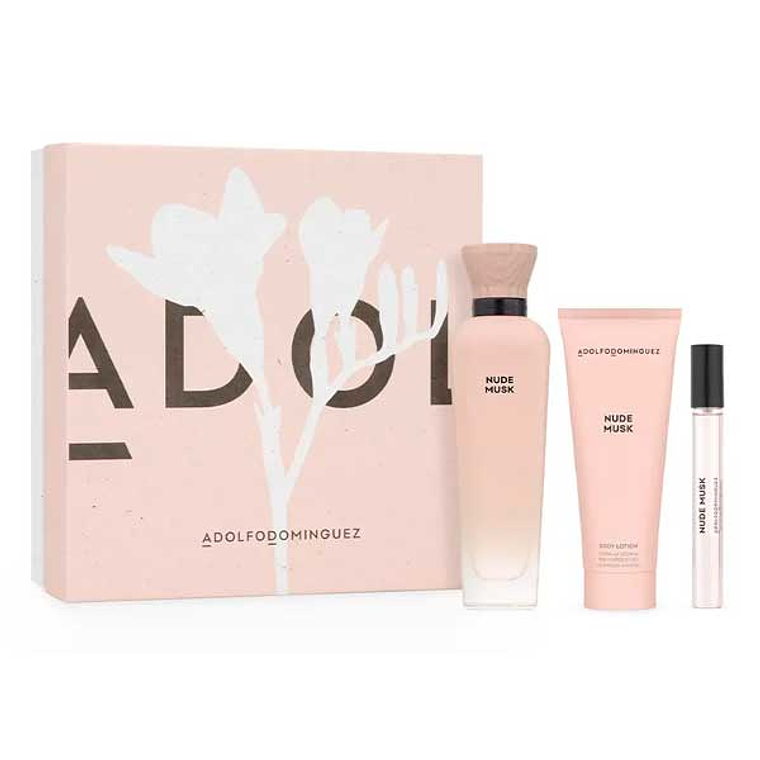 Estuche Adolfo Dominguez Nude Musk Edp 120ml + 10ml + BL 75ml Mujer (con flor blanca) 1