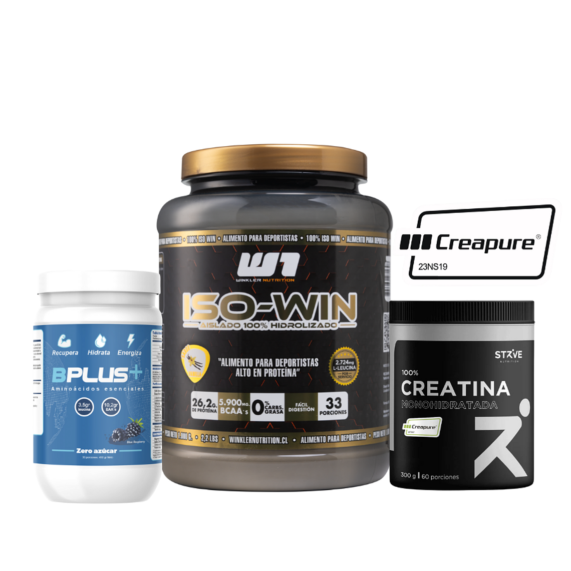 AMINOÁCIDOS B Plus+, ISO WIN Proteina Hidrolizada & Asilada,  CREATINA Creapure ® 1