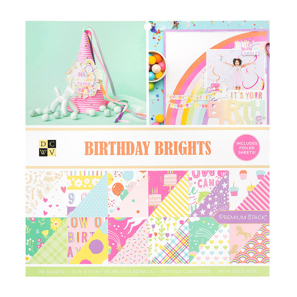 Block papel Scrapbook Die Cuts with a View – 12 x 12 Double Sided Paper Stack – Birthday Brights - 36 Hojas