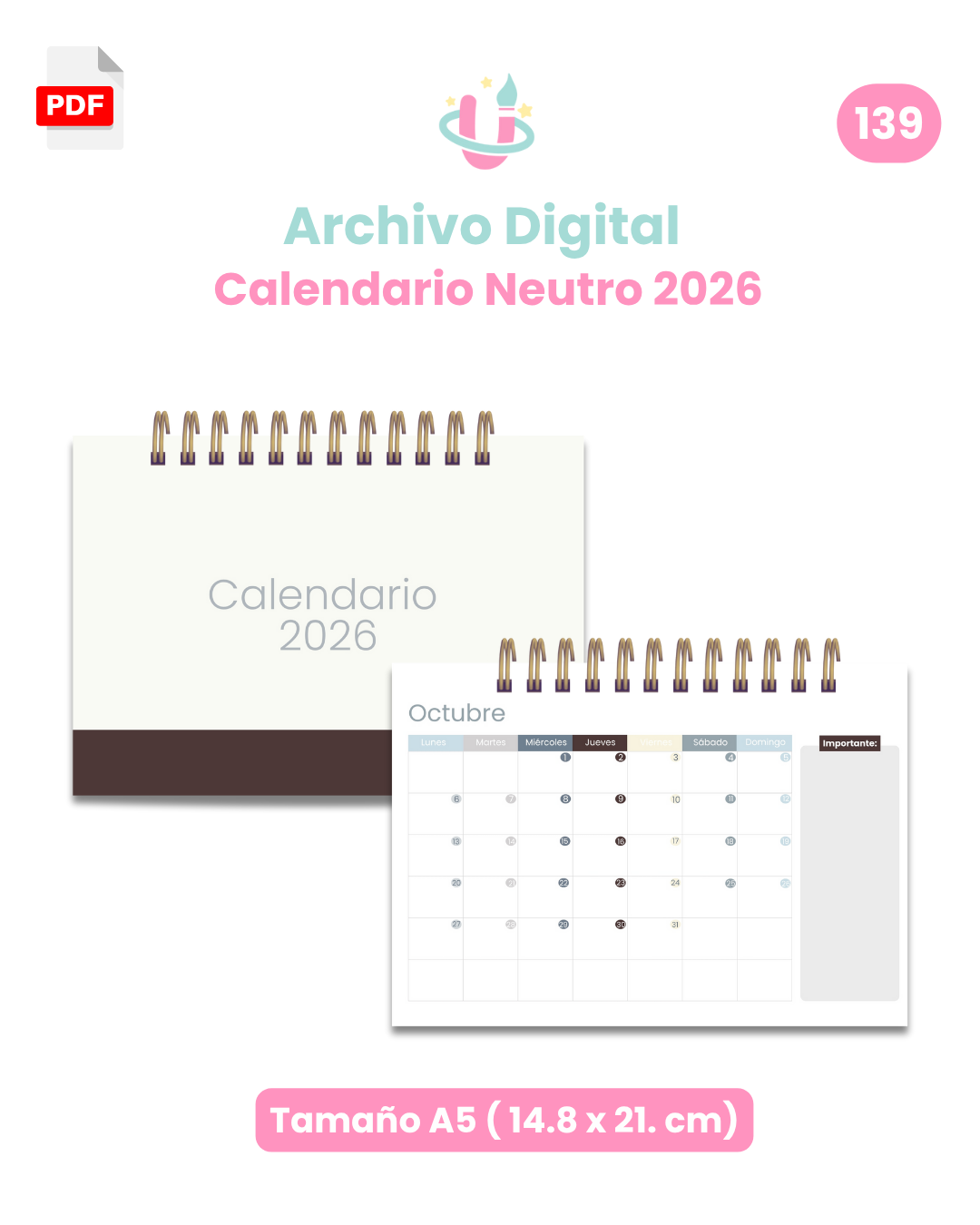 Archivo Digital PDF - Calendario Neutro A5 2026 - Diseño 139 1