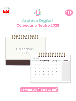 Archivo Digital PDF - Calendario Neutro A5 2026 - Diseño 139