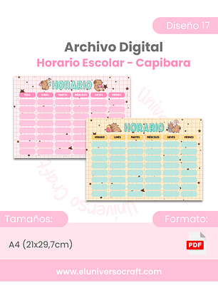 Archivo Digital PDF - Horario Escolar - Temática Capibara A4 - Diseño 17
