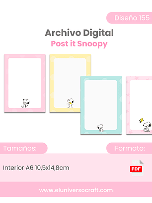 Archivo Digital PDF - Post It Snoopy A6 con tapita - Diseño 155