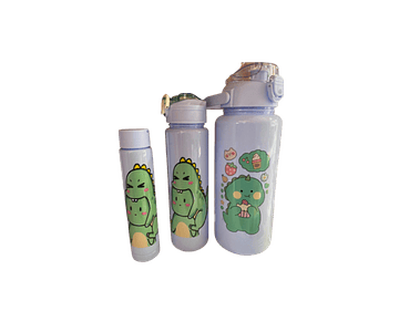 Set de 3 botellas con diseño de dinosaurio y color celeste 2 con tapa y boquilla de goma y una con tapa 