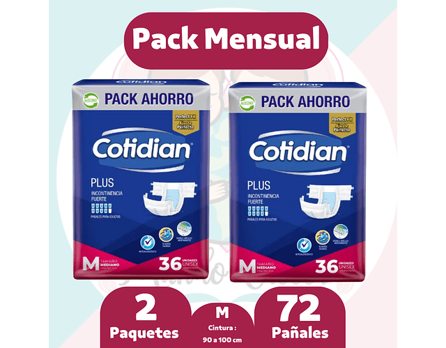 Pack Mensual Cotidian Plus M 72 Pañales
