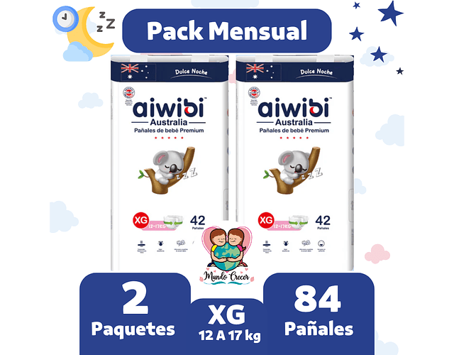 Aiwibi Dulces Sueños Pack Mensual de 84  Pañales Talla XG