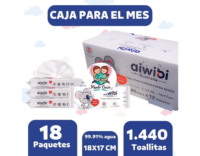 Aiwibi Caja para el mes de Toallitas Humedas 99.91% agua 18 paquetes