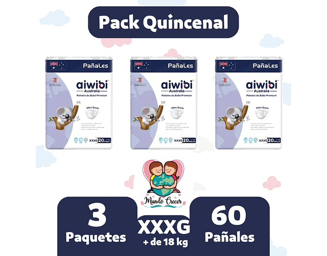 Aiwibi Premium Pack Quincenal de 60 Pañales Talla XXXG