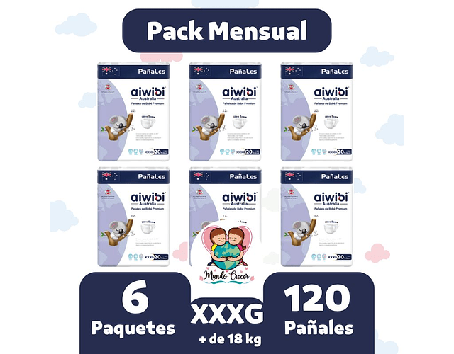 Aiwibi Premium Pack Mensual de 120 Pañales Talla XXXG