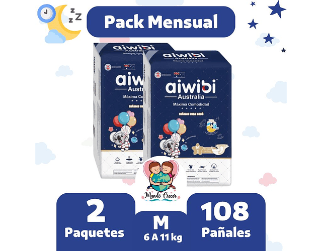 Pack Mensual Aiwibi Dulce Noche M 108  Pañales