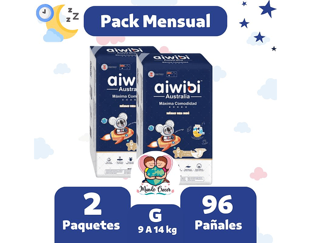 Pack Mensual Aiwibi Dulce Noche G 96 Pañales