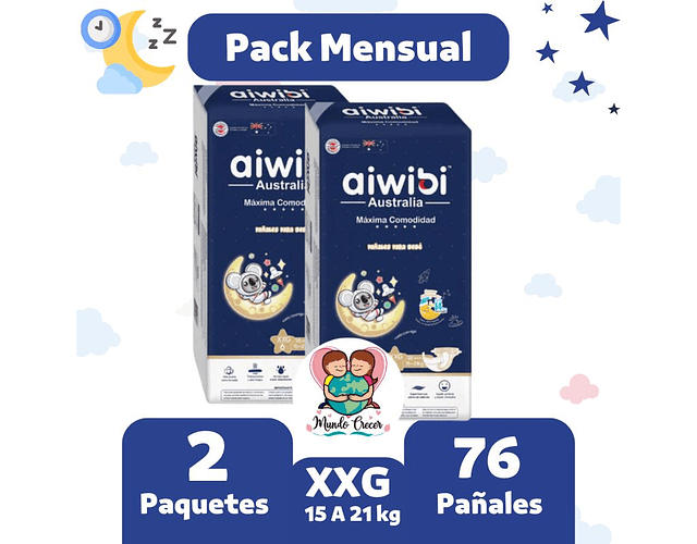 Pack Mensual Aiwibi Dulce Noche XXG 76 Pañales