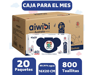 Caja de Toallitas Humedas Aiwibi 99.91 Agua 20 paquetes de 40 toallitas.
