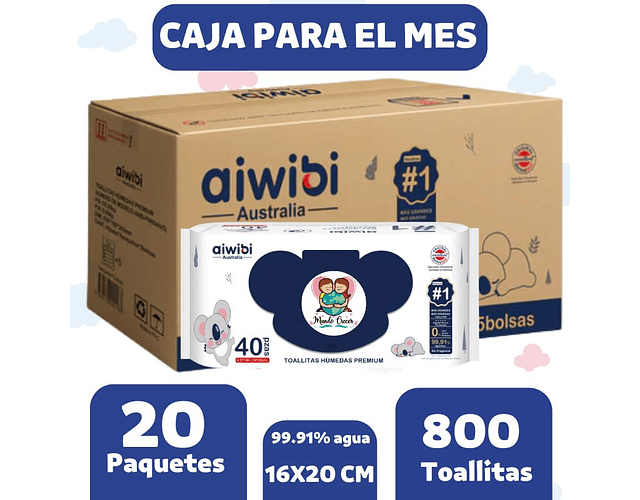 Caja de Toallitas Humedas Aiwibi 99.91 Agua 20 paquetes de 40 toallitas.