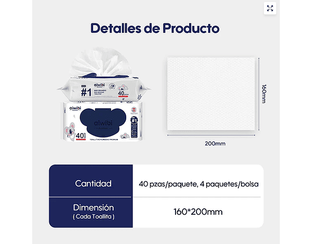 Caja de Toallitas Humedas Aiwibi 99.91 Agua 20 paquetes de 40 toallitas.