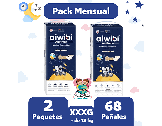 Pack Mensual Aiwibi Dulce Noche XXXG 68 pañales