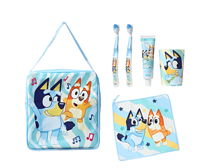 bolso + toalla + vaso + 2 cepillos + pasta 50 grs bluey