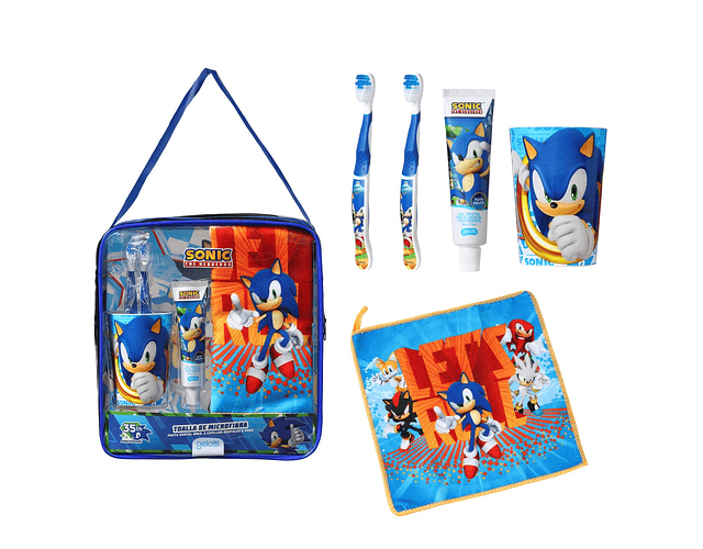 bolso + toalla + vaso + 2 cepillos + pasta 50 grs sonic