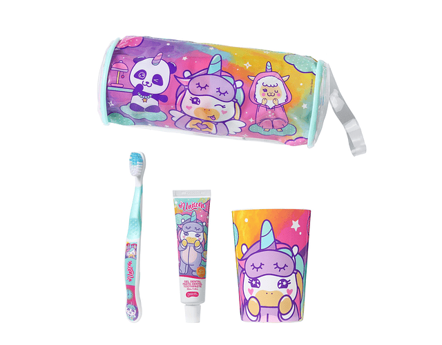 Cilindro + vaso + cepillo + pasta de dientes 50 grs Unicornio