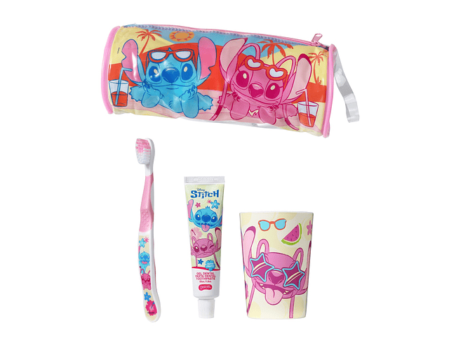 Cilindro + vaso + cepillo + pasta de dientes 50 grs stich