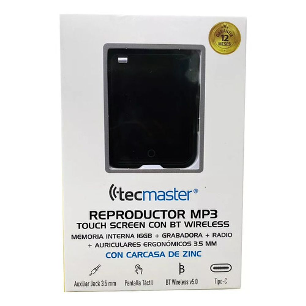 Reproductor Mp3 + Grabadora + Radio 16gb Bluetooth Touch Color Negro