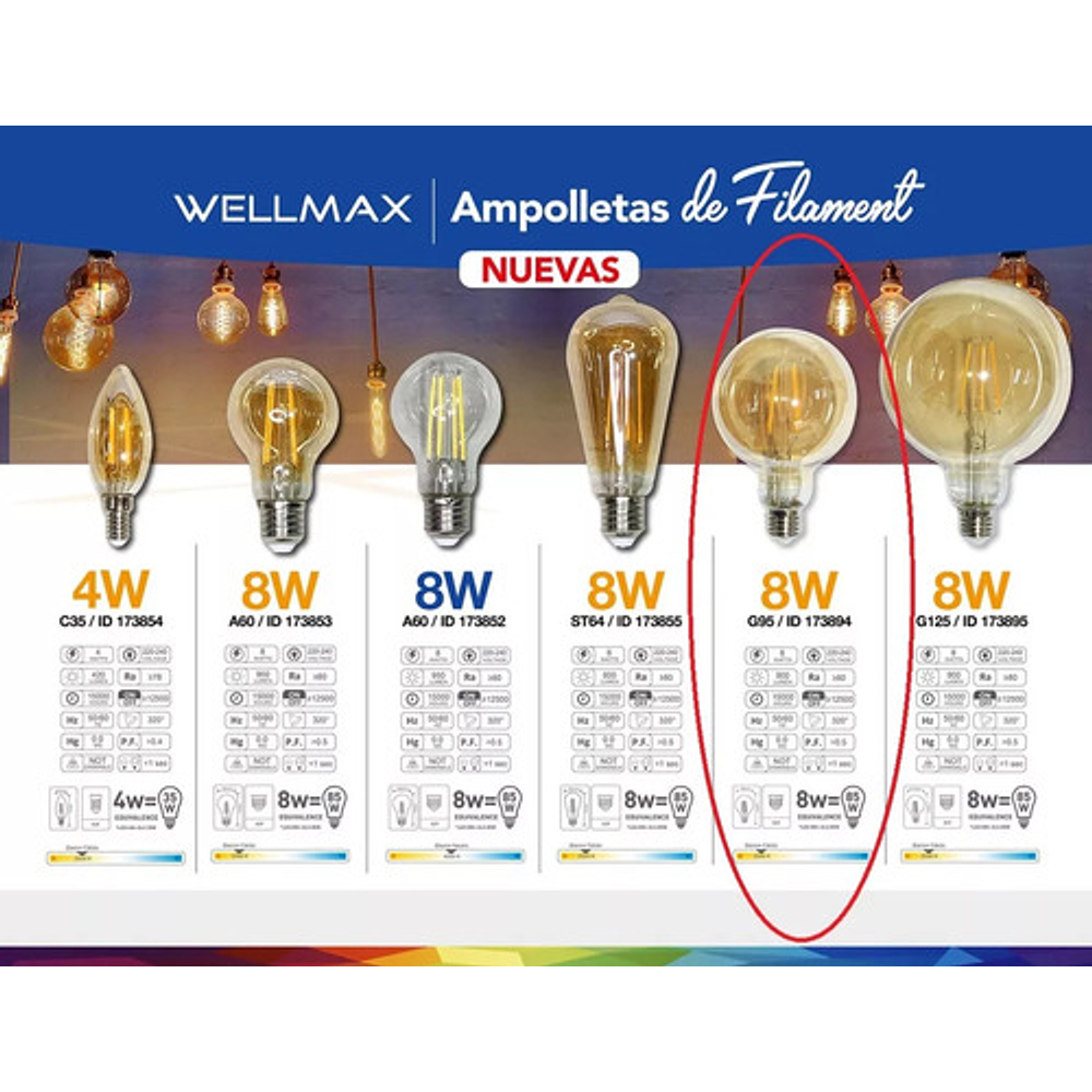 Ampolleta Led Linea Deco Vintage 8w G95 Certificada Wellmax