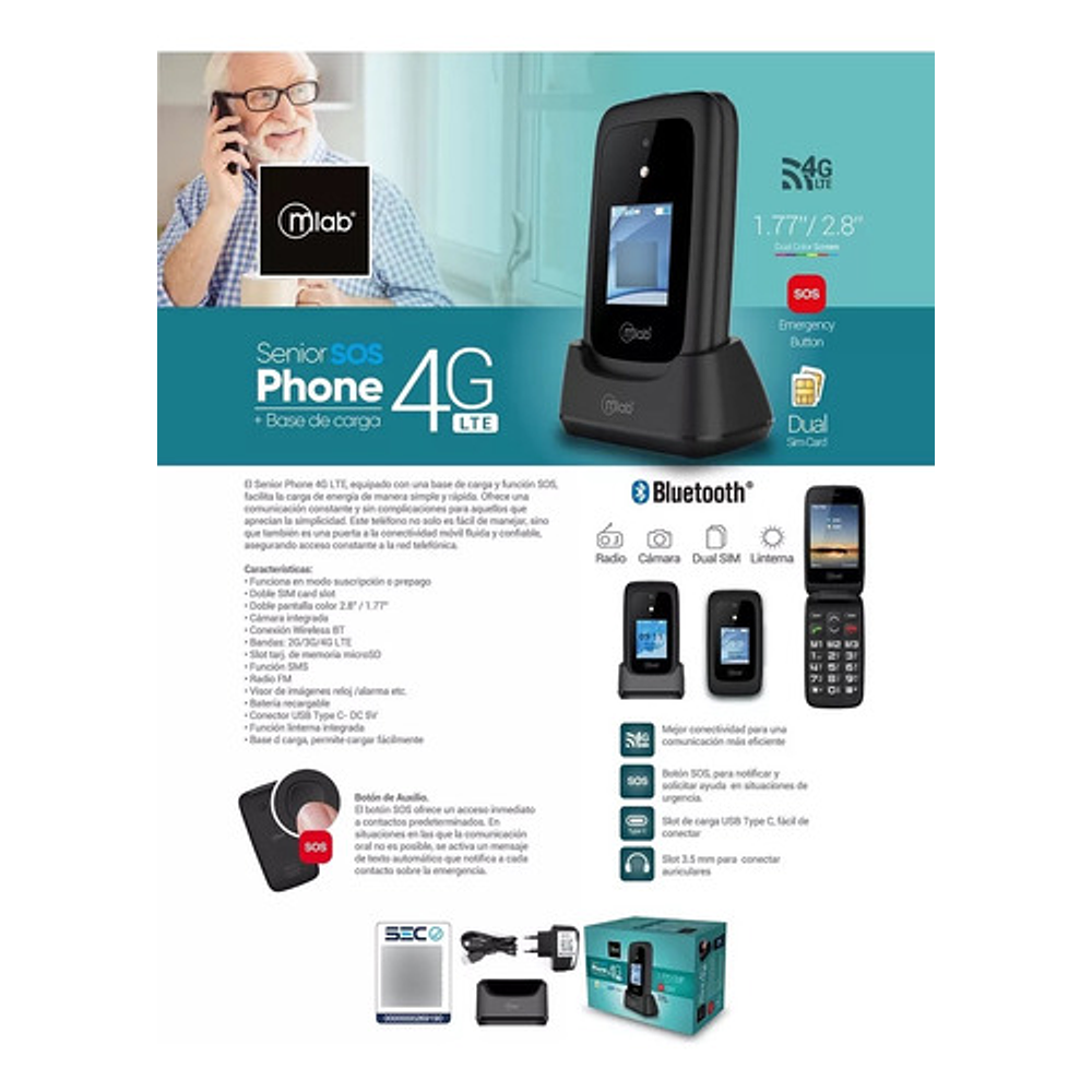 Teléfono Senior Shell Sos 4g Lte Mlab 2.8 Base Cargador 9338