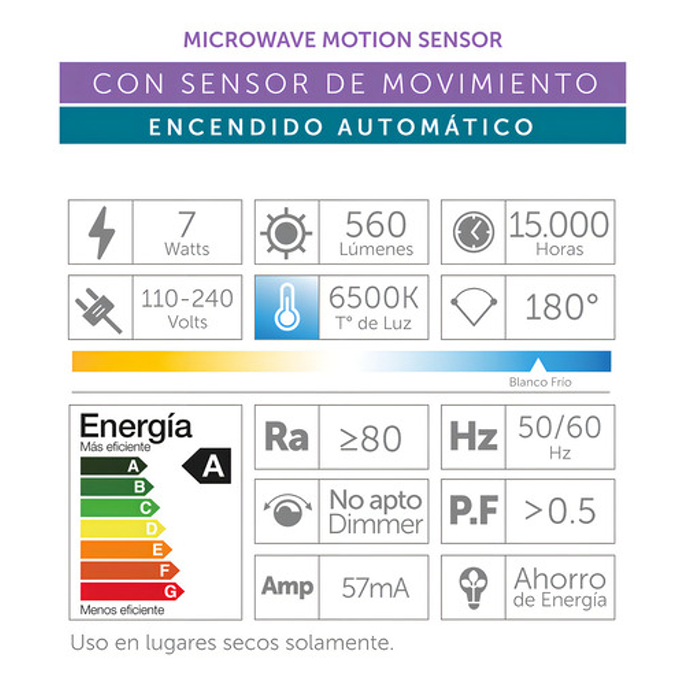 Ampolleta Led Macrotel Lb-a60ms3 Bulbo Color Blanco Frío 7w 6500k 560lm
