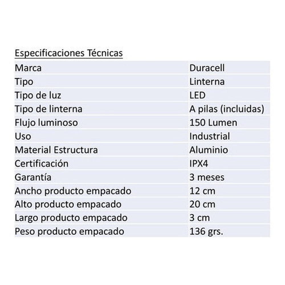 Linterna Duracell 150 L Aluminio 2aa 8319-df150 Blanco