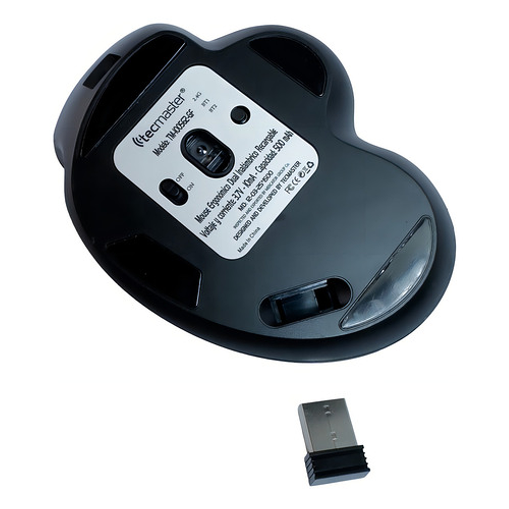 Mouse Ergonómico Dual Bt + Wireless Recargable Tecmaster Negro/gris