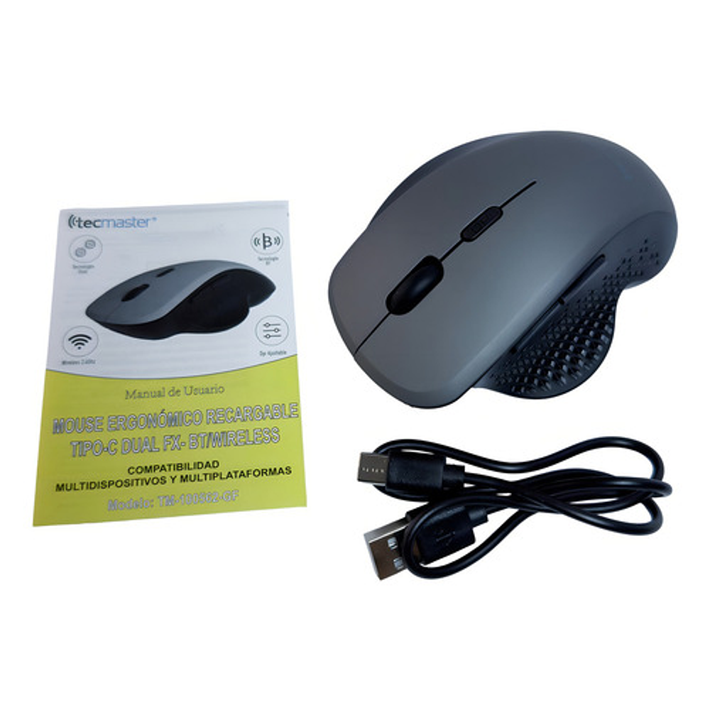 Mouse Ergonómico Dual Bt + Wireless Recargable Tecmaster Negro/gris