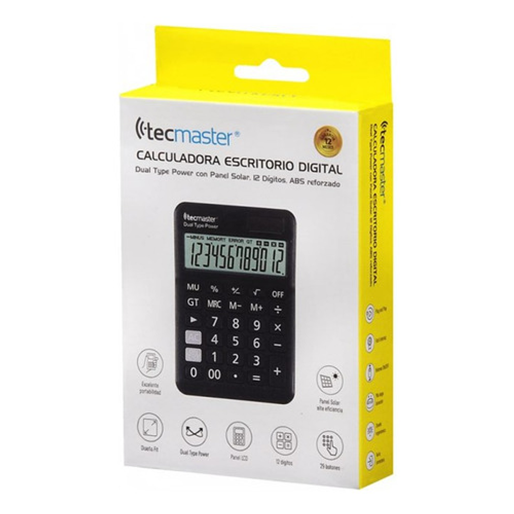 Calculadora Digital Escritorio Con Panel Solar Tecmaster Color Negro