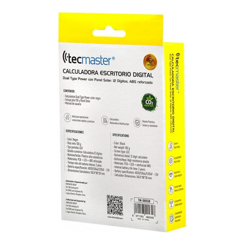 Calculadora Digital Escritorio Con Panel Solar Tecmaster Color Negro