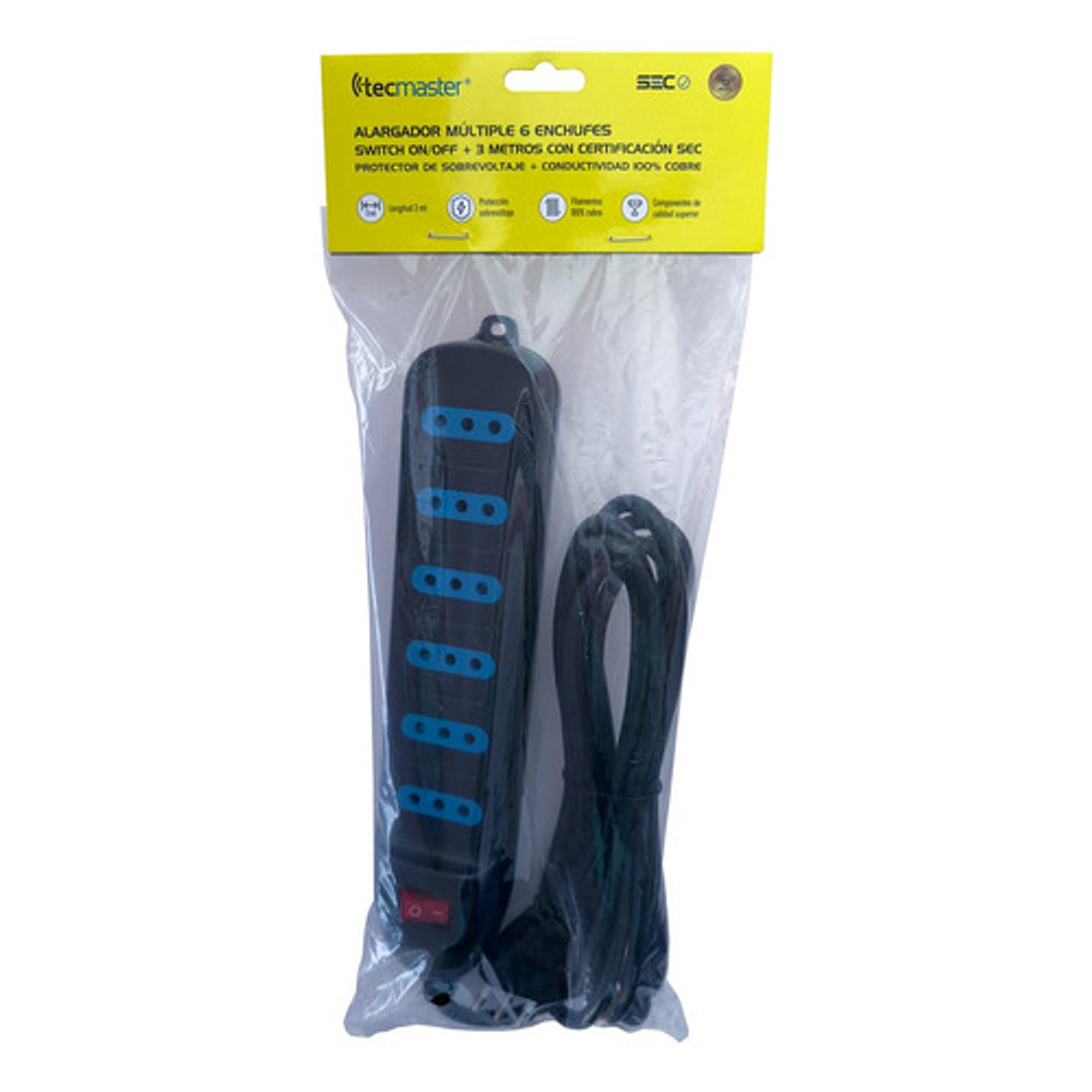 Alargador Eléctrico 6pos 3mt Switch Tm-800100bk Tecmaster Negro