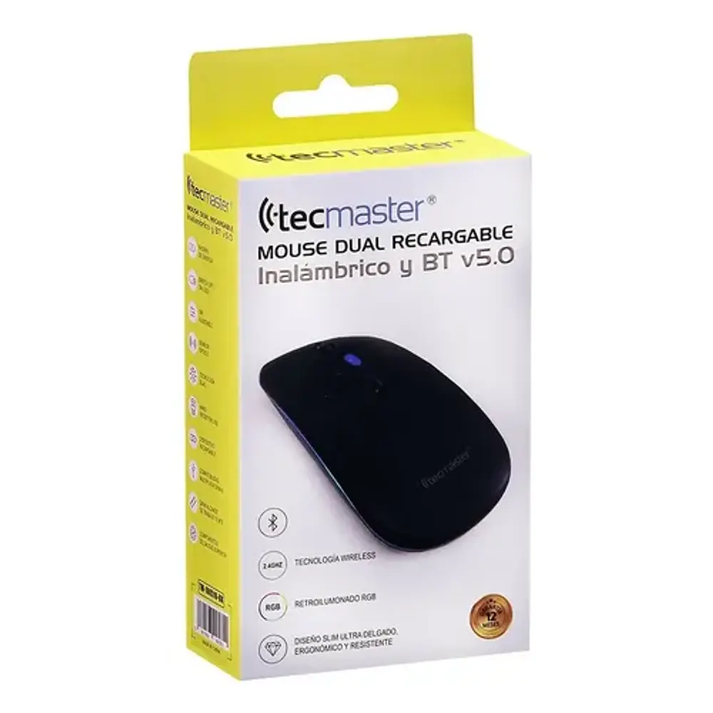 Mouse Inalámbrico Recargable Tecmaster Negro Bluetooth 1600 Dpi
