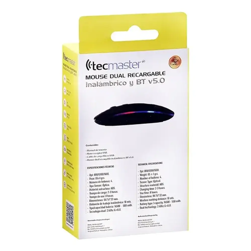 Mouse Inalámbrico Recargable Tecmaster Negro Bluetooth 1600 Dpi
