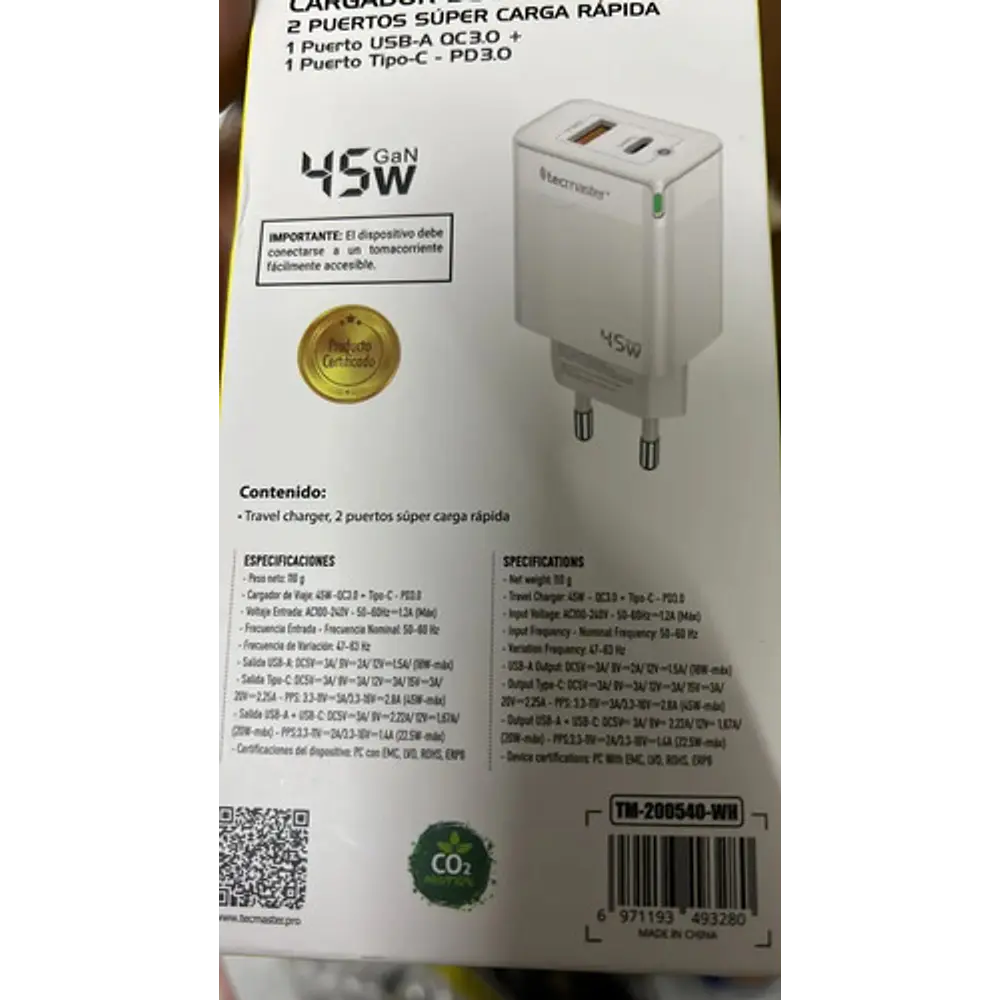 Cargador doble Puerto Tipo C y Usb 45W Rápido Gan
