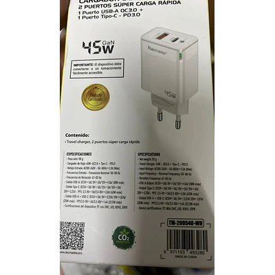 Cargador doble Puerto Tipo C y Usb 45W Rápido Gan