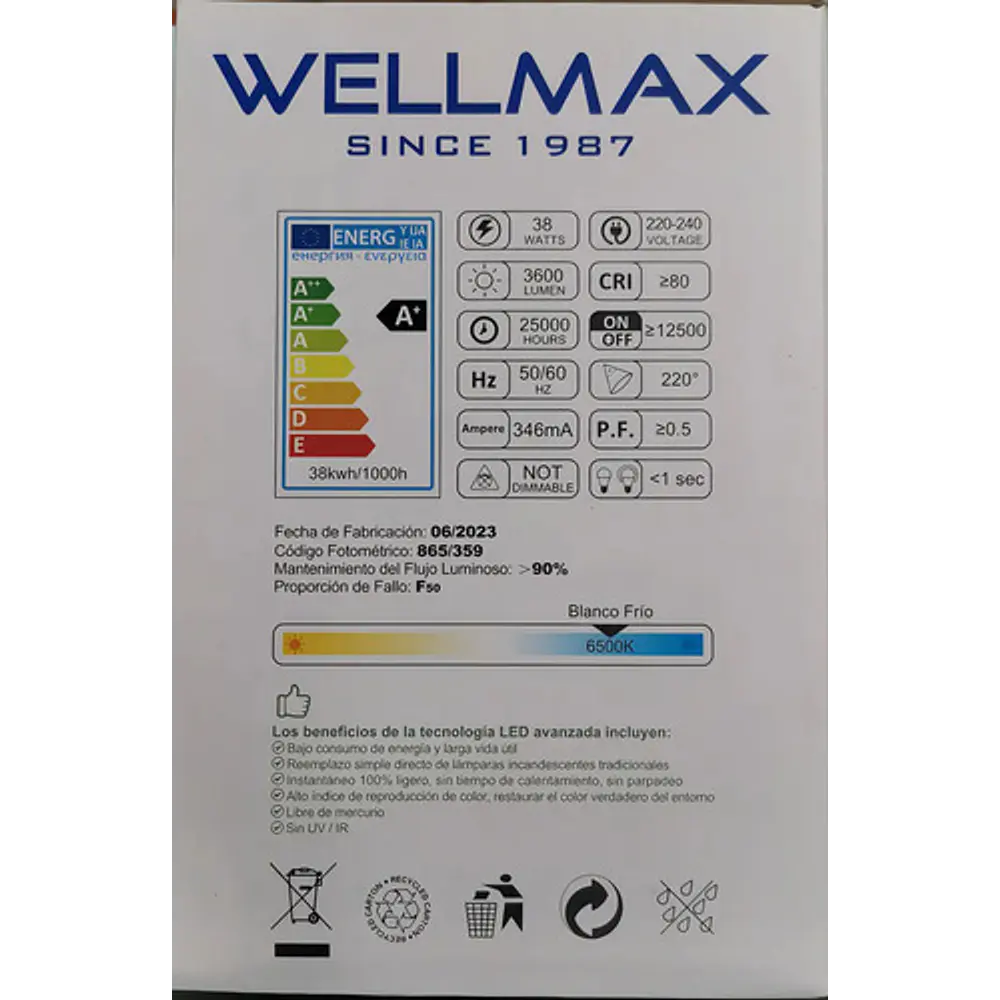 Ampolleta Led 38w Wellmax Blanco Frio 