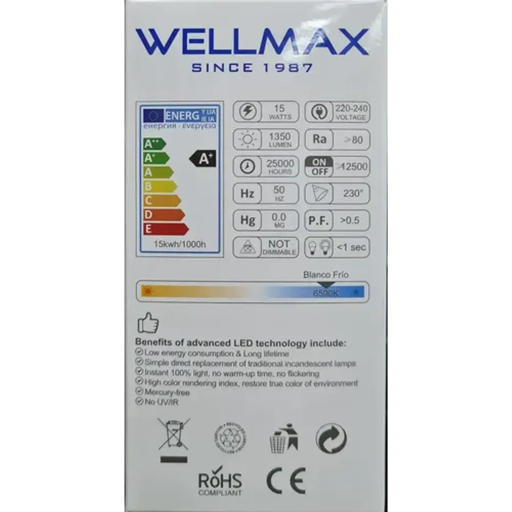 Ampolleta Led 15w E27 Blanco Frío 1350 Lúmenes Alta Luminosidad
