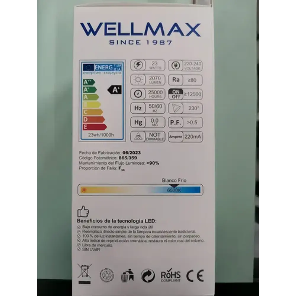 Ampolleta Led 23w E27 2000 Lumenes Blanco Frío Wellmax
