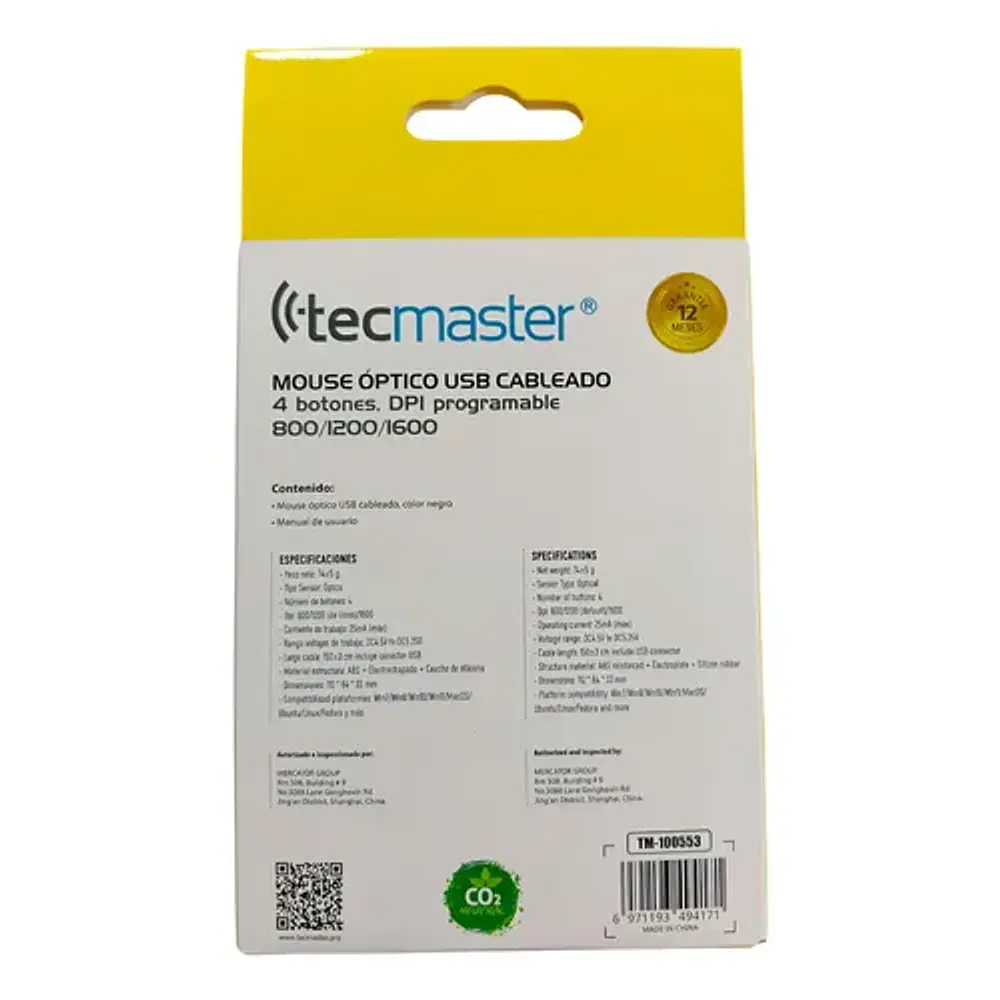 Tecmaster Mouse Alambrico 4 Botones Programable Negro