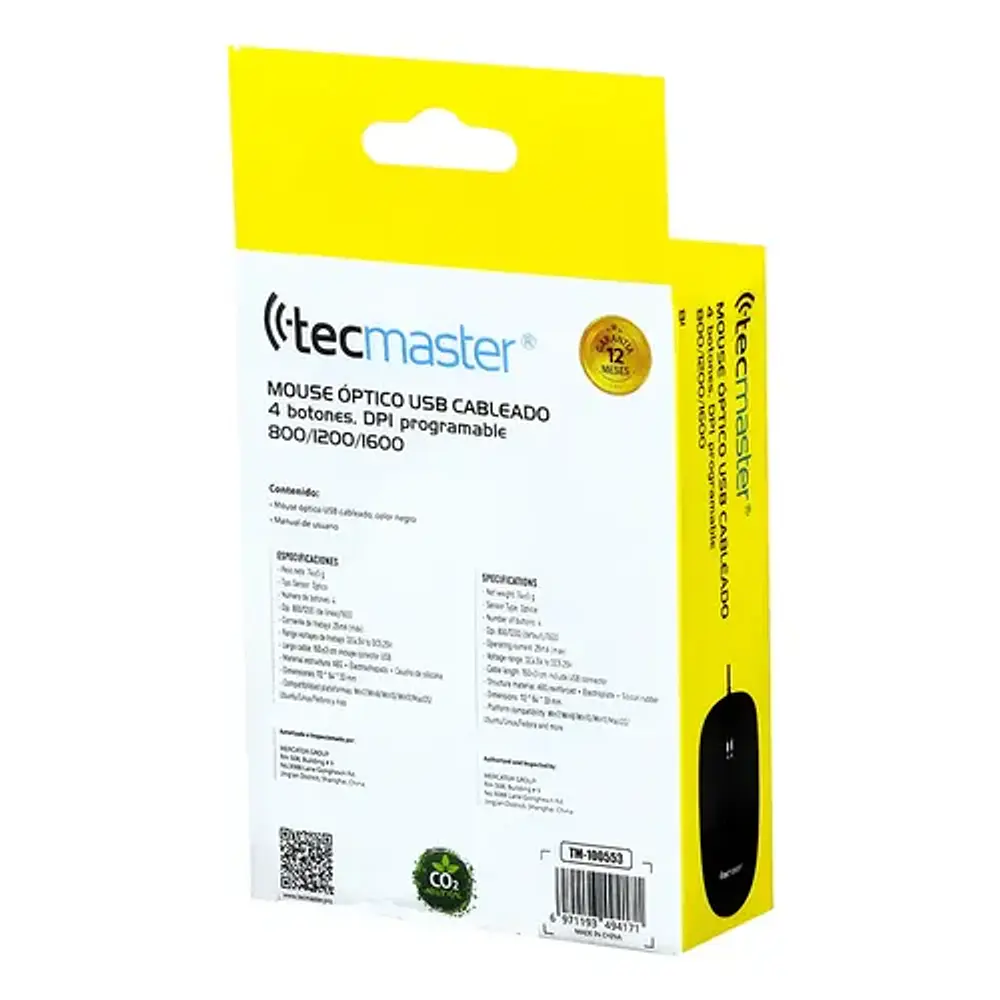 Tecmaster Mouse Alambrico 4 Botones Programable Negro