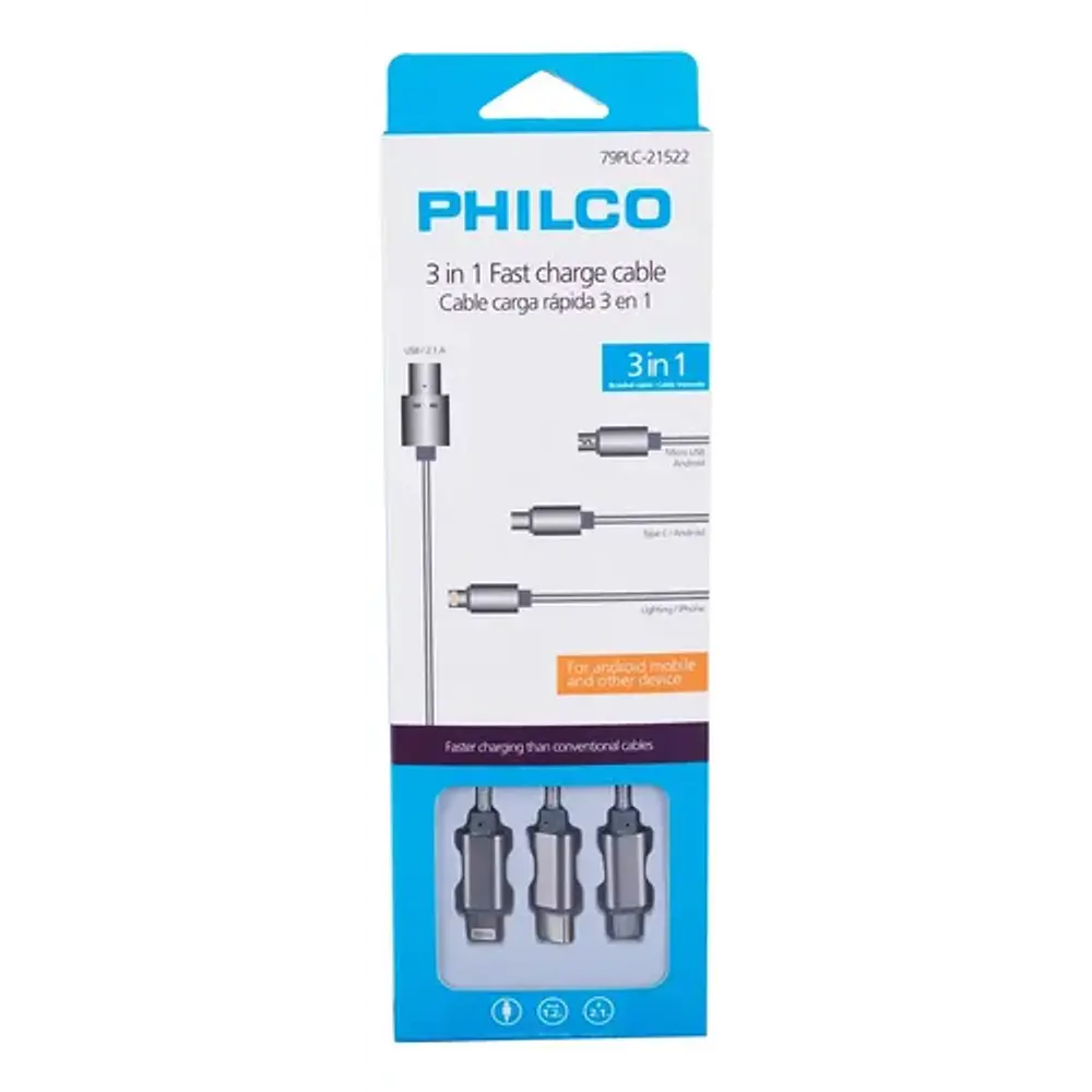 Cable de carga Rapida Philco 3 En 1 Color Gris Plateado
